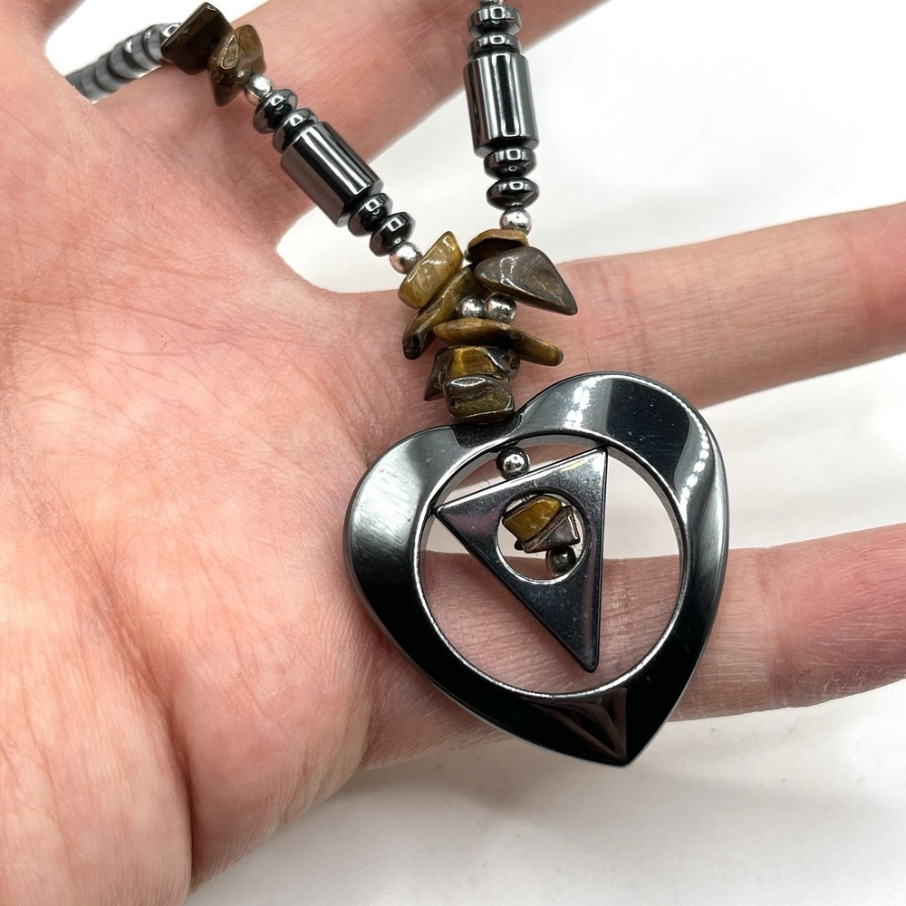 Handmade Hematite & Tiger Eye Mixed Beads Pendant Heart Necklace 16"